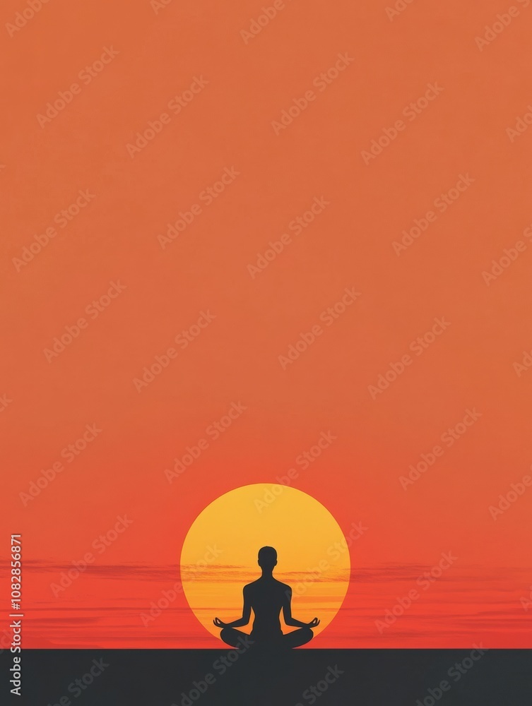 Poster a person sits cross-legged in meditation against a vibrant sunset, embracing tranquility and reflect