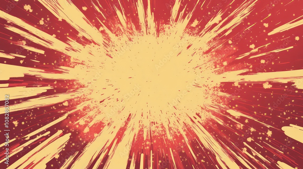 Poster abstract red and yellow background with radiating lines and speckles.