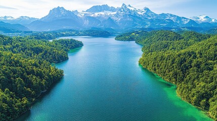 A serene lake surrounded by lush greenery and majestic mountains under a clear blue sky.