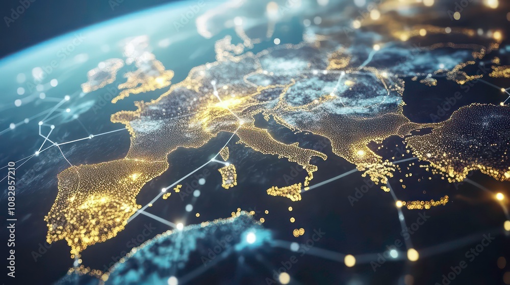 Aufkleber a digital rendering of the earth with glowing city lights and connected lines, emphasizing the inter