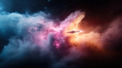 A lone spaceship ventures through swirling, colorful cosmic nebula clouds under a starlit sky, creating a sense of mystery, exploration, and endless possibilities.