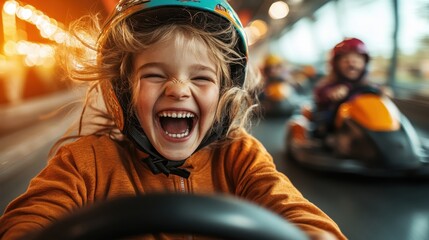 A young girl in a bright helmet, smiling widely, enjoys the excitement of indoor go-kart racing, exuding a sense of freedom and liveliness as she speeds forward.