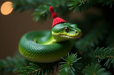 Fototapeta premium Green Snake on a Christmas Tree Branch in a Red Hat