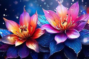 Enchanting flower with luminous colors, offering vibrant, magical aesthetic. Water droplets add depth intrigue. For greeting card, print, design project requiring blend of natures beauty, creativity.