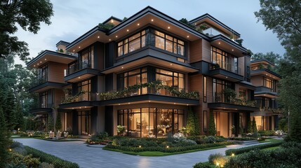 Obraz premium Modern luxurious building surrounded by greenery during twilight