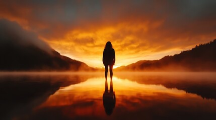 A person stands silhouetted against a stunning, fiery sunset reflected on a tranquil body of water, surrounded by dramatic and colorful clouds and landscapes.