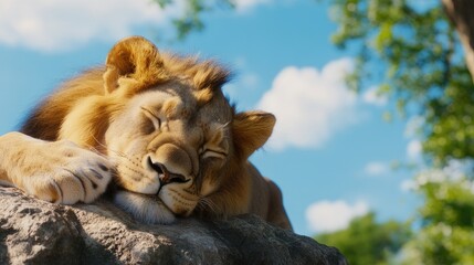 A majestic lion peacefully resting on a rock under a blue sky in a wildlife park during a sunny day