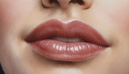 Close-up portrait of luscious lips with a glossy finish in a detailed artistic rendering