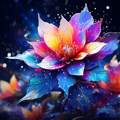 Enchanting flower with luminous colors, offering vibrant, magical aesthetic. Water droplets add depth intrigue. For greeting card, print, design project requiring blend of natures beauty, creativity.