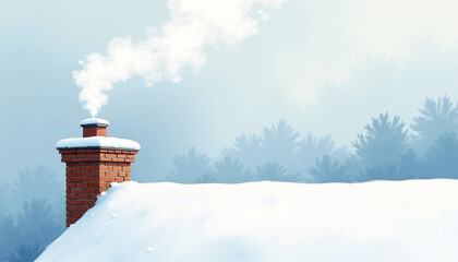 Smoke billowing from a brick chimney on a snowy roof against a misty forest backdrop