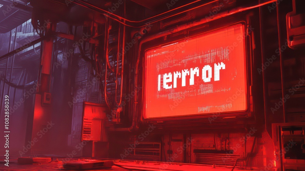 Poster a red error message on a screen in a dimly lit industrial setting.