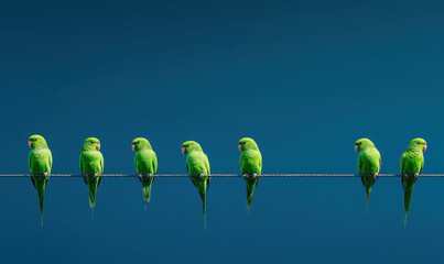 Vibrant Green Parakeets Perched on a Wire Against a Blue Sky Backdrop