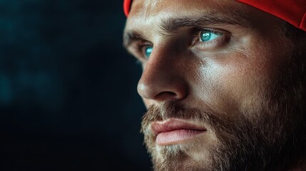 Obraz premium A dramatic close-up of a man with intense blue eyes and a rugged expression, conveying strength and determination. He wears a red headband, enhancing his focused gaze.