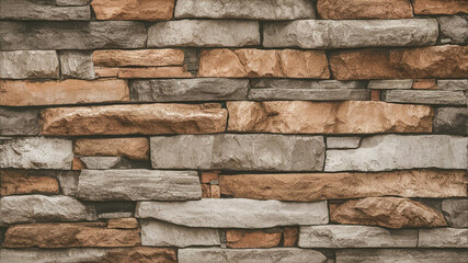 A weathered stone wall made from irregular horizontally stacked stones in neutral grays tans and browns offering a rustic earthy feel reminiscent of ancient stone structures.
