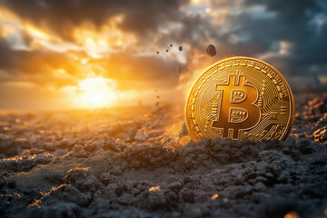massive Bitcoin coin emerges from ground, surrounded by dust and sand, illuminated by stunning sunset. scene captures essence of digital currency rise