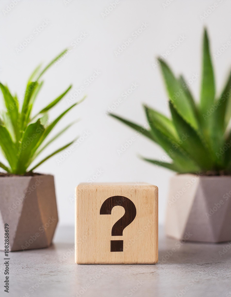 Poster wooden block with question mark, green plants on backdrop. faq and qa. problem solution.