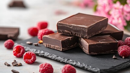 A close-up shot of dark chocolate squares perfectly enhanced by vibrant raspberries, resting on a textured slate, with a backdrop of out-of-focus flowers.