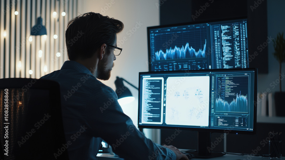 Poster data scientist analyzing ai-driven climate simulations in a modern minimalist office setting