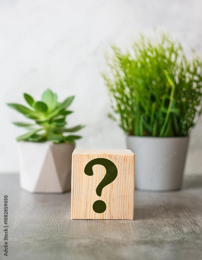 Poster wooden block with question mark, green plants on backdrop. faq and qa. problem solution.