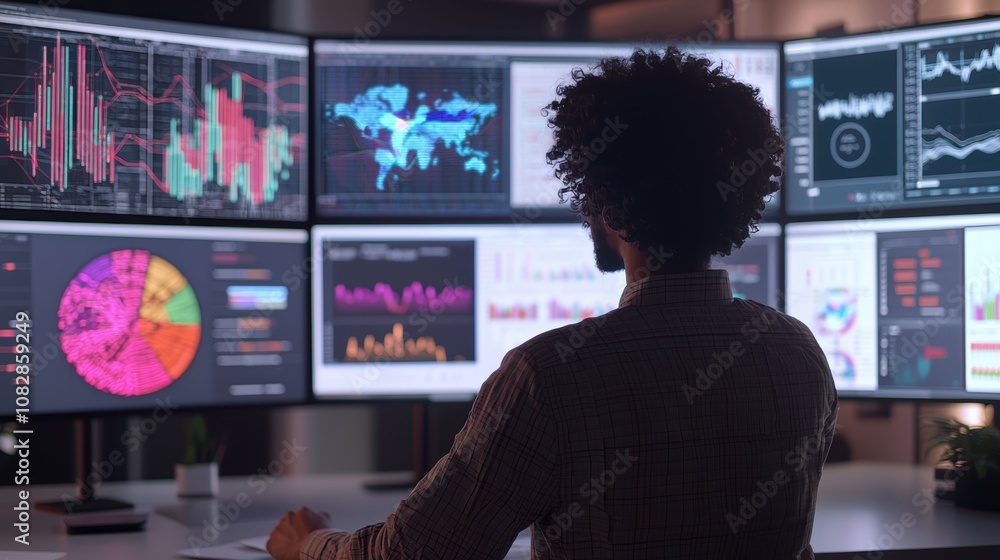Poster data scientist analyzing ai-generated insights on market trends and innovation in a tech-forward off