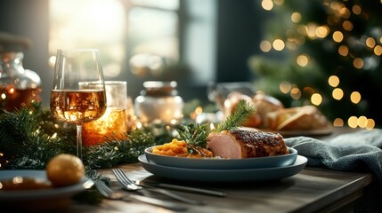 A lavishly decorated dining table set for a holiday meal, featuring a main dish, garnished with festive greens, and surrounded by sparkling glassware and lights.