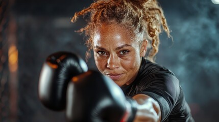 A female boxer confidently strikes with a jab, highlighting her strength, skill, and determination in the midst of intense training, sweat, and motion.