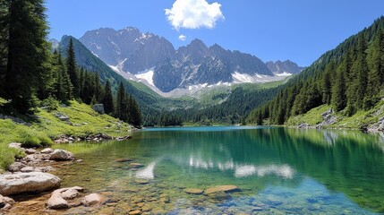 A serene lake surrounded by mountains and lush greenery under a clear blue sky.