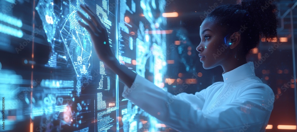 Poster futuristic data scientist manipulating ai and big data in ultra-modern environment