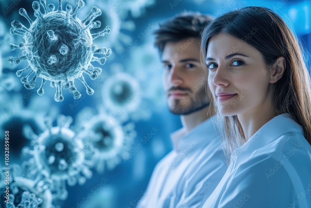 Aufkleber scientists studying virus structure together in a laboratory setting during evening hours