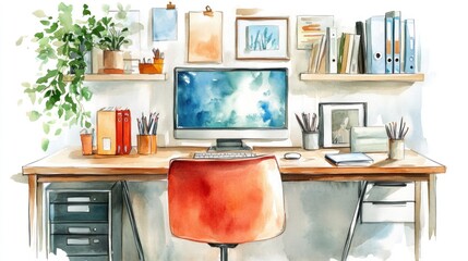Fototapeta premium Organized Watercolor Home Office Workspace