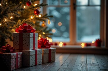 Stack of present boxes with big red bows under christmas tree. Late evening, Christmas Eve.