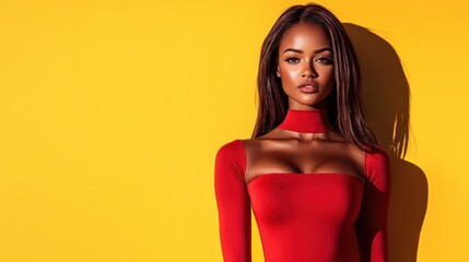 A young woman poses confidently in a chic red attire against a vibrant yellow backdrop, capturing a lighthearted moment of joy and style in a contemporary setting.