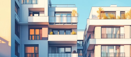 Modern apartment buildings featuring large windows and balconies showcasing a contemporary residential complex with outdoor amenities Mixed media artwork depicting European architecture