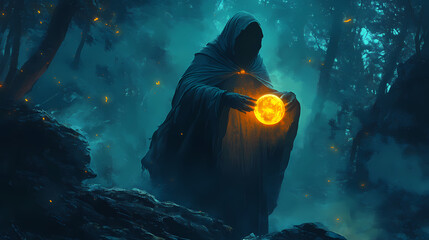 Illustration of a cloaked figure with a glowing orb, representing mysticism and the occult, creating a mysterious and magical ambiance. Mysticism. Illustration