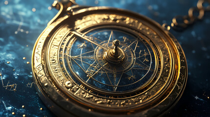 Intricate golden astrolabe with celestial details on a blue background, ideal for illustrating astronomy concepts and historical science themes. Mysticism. Illustration
