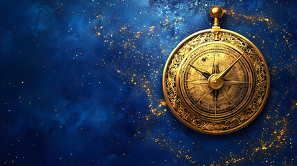 Intricate golden astrolabe with celestial details on a blue background, ideal for illustrating astronomy concepts and historical science themes. Mysticism. Illustration