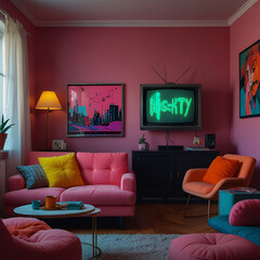 Playful and Cozy Living Room with Vintage CRT Television, Bold Pink Decor, and Retro Art, Perfect for Themes of Nostalgia and Interior Design