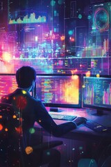 Fototapeta premium Data Scientist Analyzing AI Visualizations in Modern Office for Predictive Analytics and Forecasts