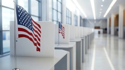 Empty polling station with row of white voting booths decorated with American flag at vote center Presidential American elections in the United States Democracy and election day