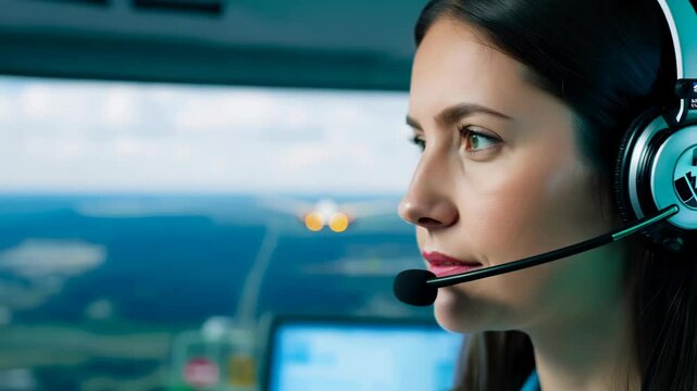 Female air traffic controller with a focused expression wearing a headset in a modern control tower