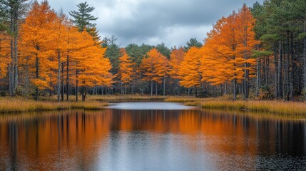 Obraz premium A serene lake surrounded by vibrant autumn trees reflecting on the water's surface.