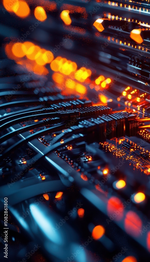 Poster close-up of server rack connections with flashing lights in a data center environment