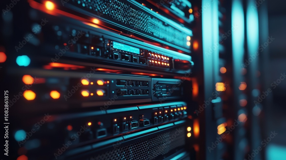 Poster close-up of illuminated server rack in data center technology and innovation design