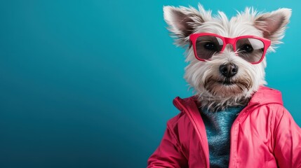 A stylish white dog dressed in a pink jacket and red sunglasses poses against a turquoise background, capturing a fun and fashion-forward aesthetic.
