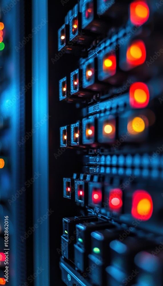 Poster close-up of server unit with flashing leds in dimly lit data center for technology posters