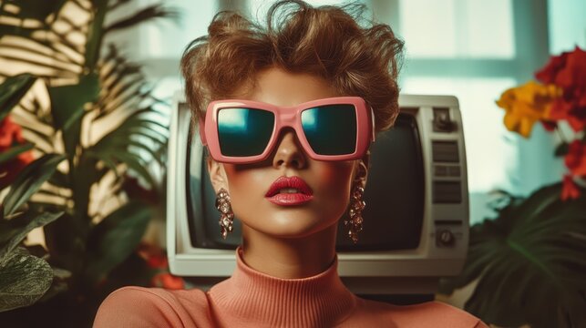 Stylish woman with a modern twist on retro style wearing pink sunglasses, surrounded by plants and vintage technology, highlighting a blend of eras and trends.