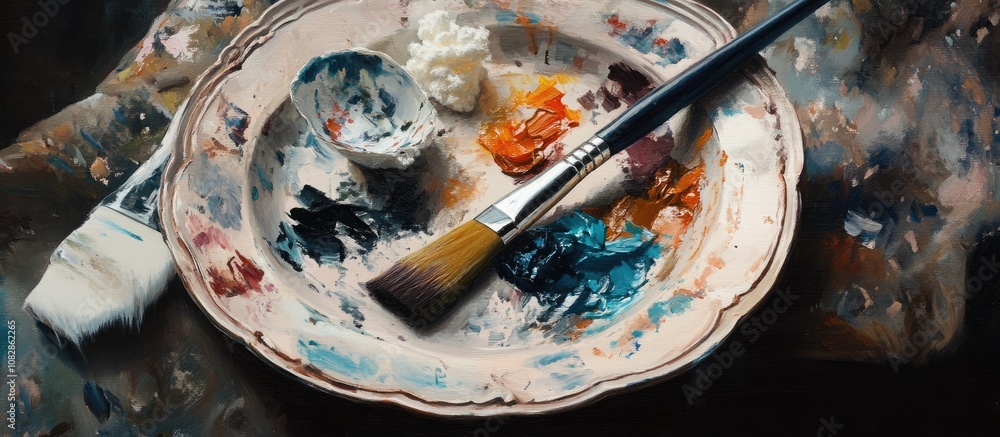 Poster a combination of various mediums including oil paint and foam complemented by a paintbrush arranged 