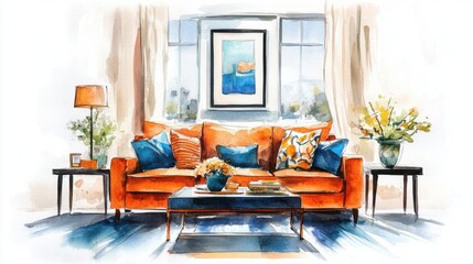 Cozy Living Room Watercolor Painting: Orange Sofa, Blue Pillows, and Sunny Window
