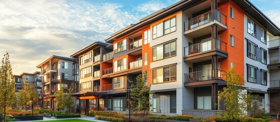Modern apartment complex featuring balconies and large windows complemented by outdoor amenities Mixed media representation of contemporary urban living