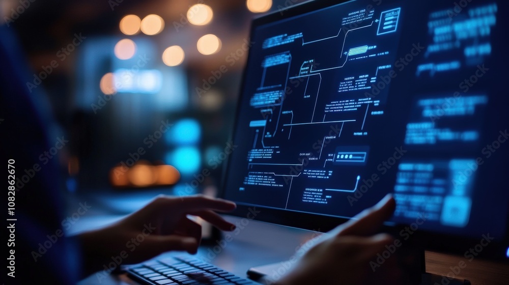 Poster person using computer with blue digital interface